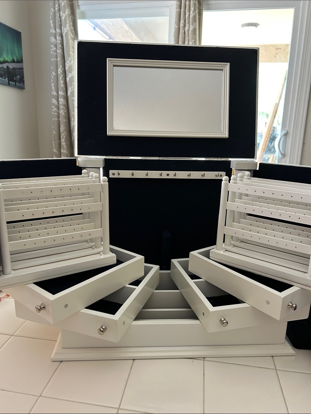 White Jewelry Storage Organizer Box with Mirror and Multi-Tier Drawers